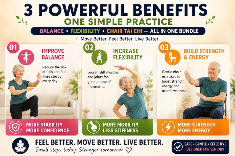 Senior Tai Chi Exercise Bundle, Balance, Flexibility, Chair Workout (PDF) — original Etsy mockup 4