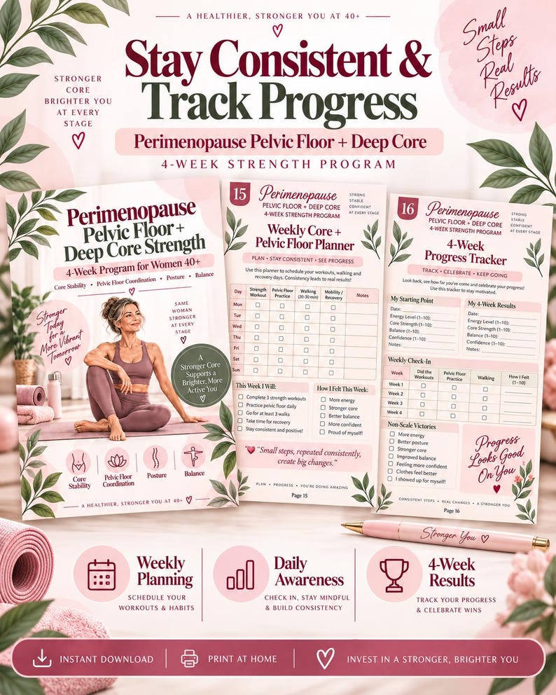 Women 40+ Core Strength Program, Pelvic Floor Coordination, Perimenopause Workout Planner PDF — original Etsy mockup 11