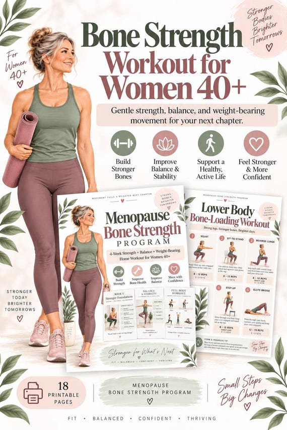 Women 40+ Home Workout Plan, Menopause Strength Training, Balance & Walking Planner, Printable Fitness Guide