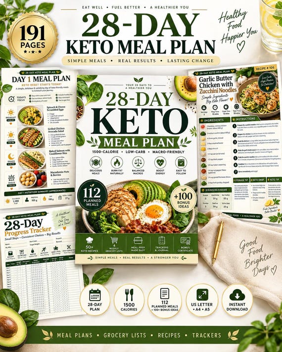 28-Day Keto Meal Plan Printable, 1500-Calorie Low-Carb PDF with Recipes & Grocery Lists