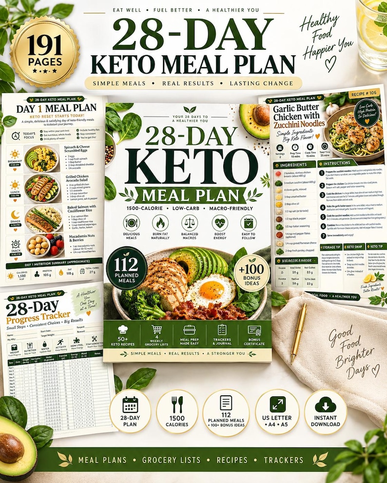 28-Day Keto Meal Plan Printable, 1500-Calorie Low-Carb PDF with Recipes & Grocery Lists