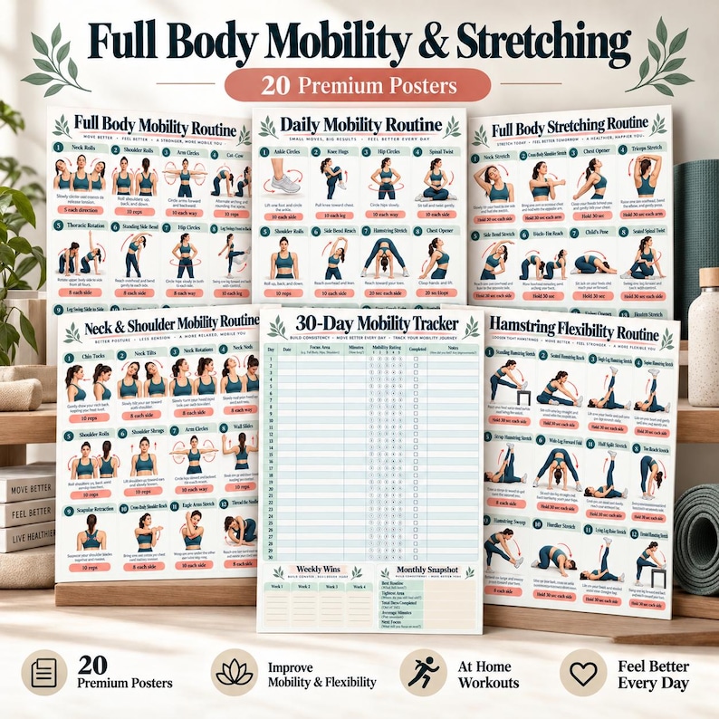 Mobility & Stretching Bundle Printable, 20 Exercise Posters + 8 Trackers, Full Body Flexibility Warm Up Cool Down PDF — original Etsy mockup 3