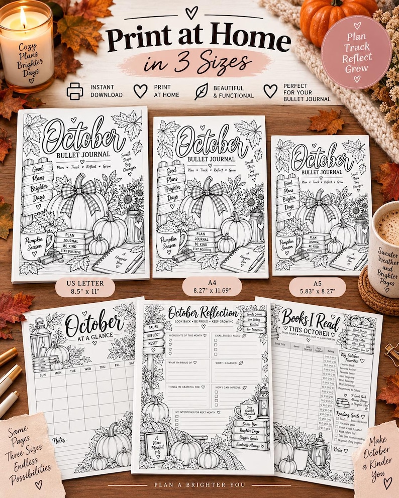 October Planner Printable, Pumpkin Bullet Journal, Black White Coloring Planner, Habit Mood Sleep Tracker PDF — original Etsy mockup 7