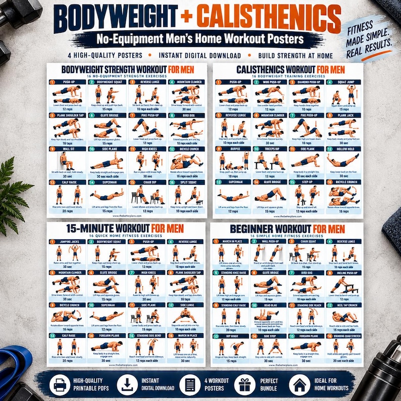 Men's Home Workout Printable Bundle, 20 Strength Posters + 8 Fitness Logs, Push Pull Legs Dumbbell Calisthenics PDF — original Etsy mockup 3