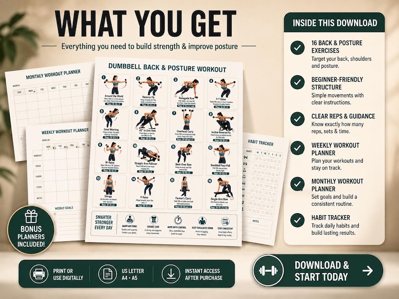 Dumbbell Back Workout Printable | Posture & Upper-Body Strength Exercise Chart — original Etsy mockup 3