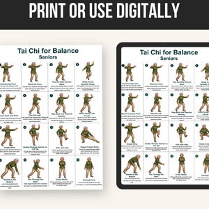 Puede incluir: Una impresi&oacute;n y una tableta muestran una gu&iacute;a de Tai Chi para el equilibrio para personas mayores. La gu&iacute;a presenta ilustraciones de varias posturas de Tai Chi con texto descriptivo. El texto en la parte superior dice "PRINT OR USE DIGITALLY" y "Tai Chi for Balance Seniors".