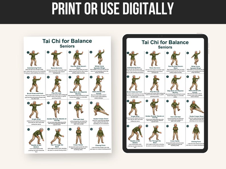 Puede incluir: Una impresi&oacute;n y una tableta muestran una gu&iacute;a de Tai Chi para el equilibrio para personas mayores. La gu&iacute;a presenta ilustraciones de varias posturas de Tai Chi con texto descriptivo. El texto en la parte superior dice "PRINT OR USE DIGITALLY" y "Tai Chi for Balance Seniors".