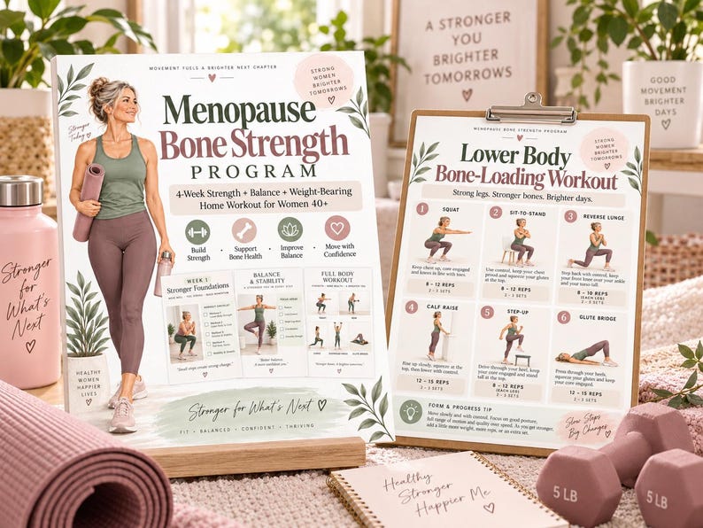 Menopause Bone Strength Program, 4-Week Strength & Balance Workout for Women 40+, Printable Home Fitness PDF — original Etsy mockup 3