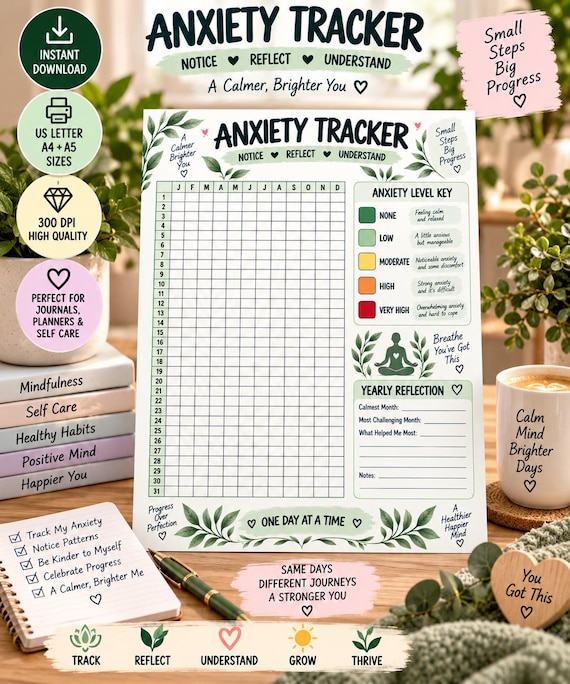 Anxiety Tracker Printable, Yearly Anxiety Log, Daily Mental Wellness Tracker, Self Care Journal, Mood & Stress Tracker, Planner Insert PDF