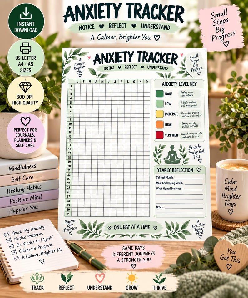Anxiety Tracker Printable, Yearly Anxiety Log, Daily Mental Wellness Tracker, Self Care Journal, Mood & Stress Tracker, Planner Insert PDF – mockup 1