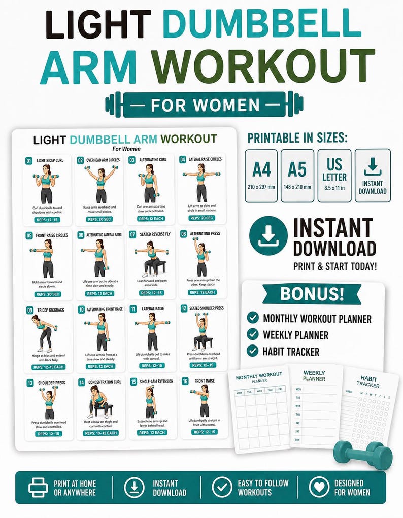 Printable Dumbbell Workout Bundle | Full Body, Arms, Legs, Glutes Exercise Charts (Digital Download) — original Etsy mockup 5