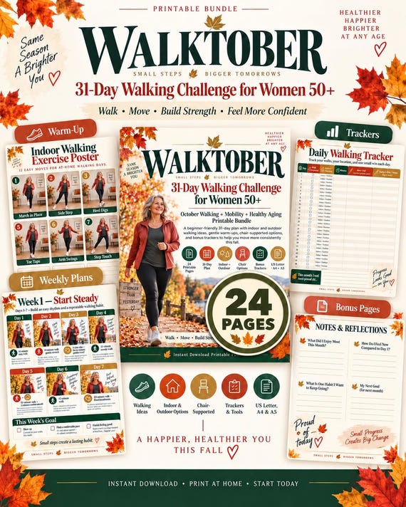 WALKTOBER 31-Day Walking Challenge for Women 50+, October Fitness & Walking Tracker Printable