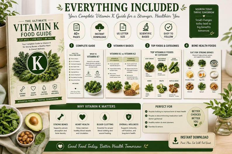 Vitamin K Food Chart & Nutrition Guide | Bone Health, K1 vs K2 (PDF) — original Etsy mockup 3