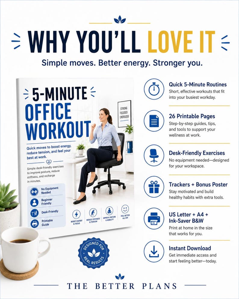 5-Minute Office Workout Printable PDF, Desk Exercise Guide, Tracker & 30-Day Challenge — original Etsy mockup 9
