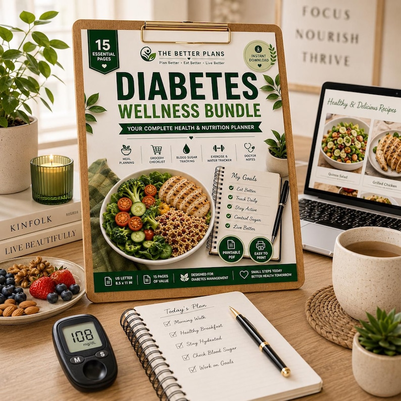 Diabetes Wellness Bundle | Blood Sugar Log, Meal Planner, Grocery Checklist, Low GI Foods, Diabetes Tracker — original Etsy mockup 9