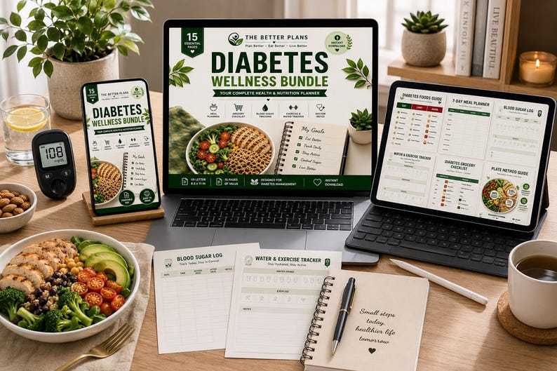 Diabetes Wellness Bundle | Blood Sugar Log, Meal Planner, Grocery Checklist, Low GI Foods, Diabetes Tracker — original Etsy mockup 8