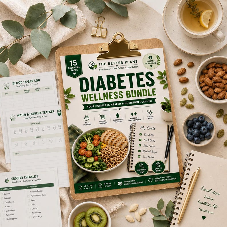 Diabetes Wellness Bundle Printable PDF | Blood Sugar Log, Meal Planner, Grocery Checklist, Low GI Foods, Diabetes Tracker — original Etsy mockup 11