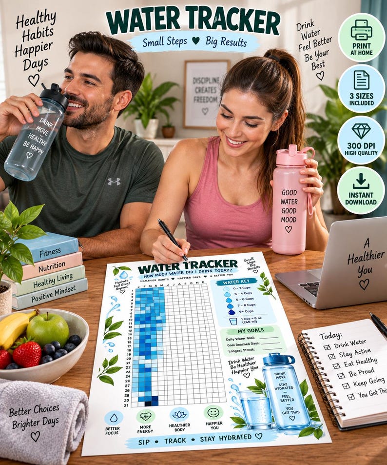 Daily Water Intake Tracker Printable, Hydration Log, Healthy Habit Planner, Water Drinking Challenge, Wellness Journal, Instant Download — original Etsy mockup 3