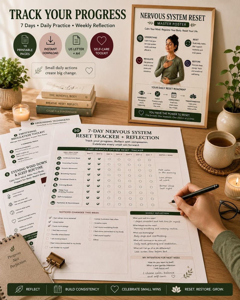 Nervous System Reset Printable Toolkit, Somatic Exercises, Stress Relief Guide (10 Page PDF) — original Etsy mockup 7