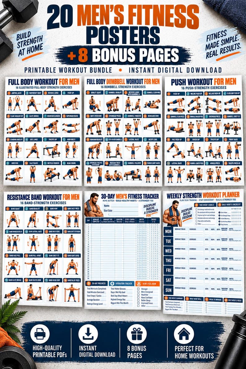 Men's Home Workout Printable Bundle, 20 Strength Posters + 8 Fitness Logs, Push Pull Legs Dumbbell Calisthenics PDF — original Etsy mockup 11