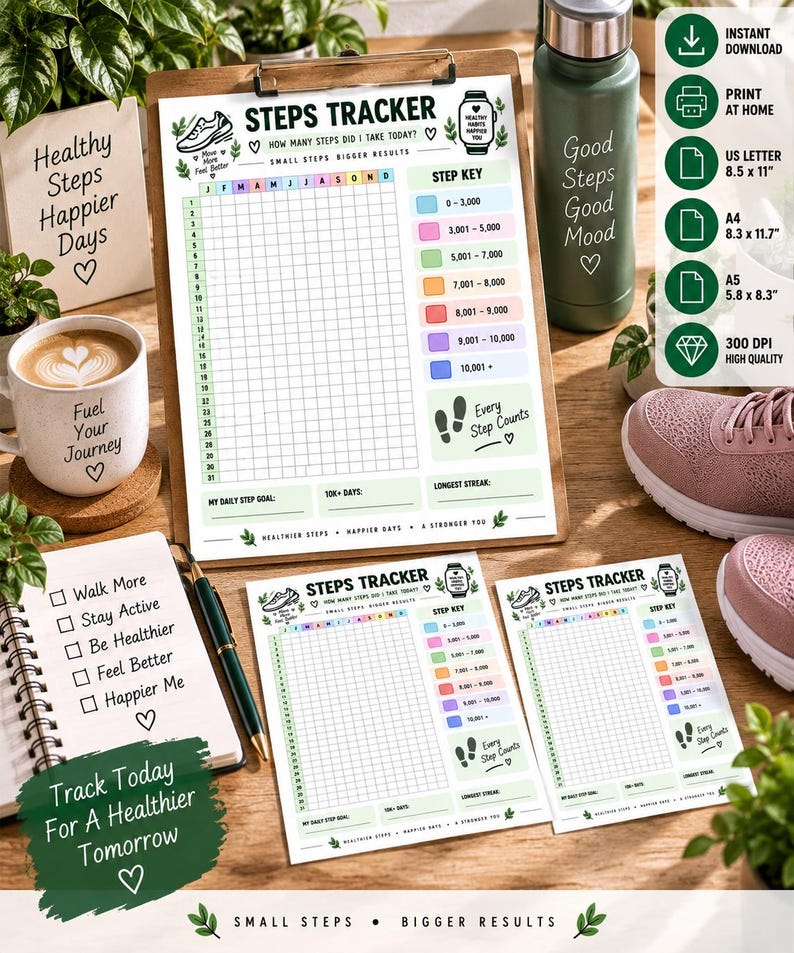 Daily Step Tracker Printable, Walking Challenge Planner, 10K Steps Tracker, Fitness Progress Log, Year in Pixels, Wellness PDF — original Etsy mockup 2