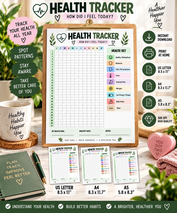 Health Tracker Printable, Year in Pixels Wellness Tracker, Symptom Tracker, Daily Health Log, Self Care Planner, Instant Download