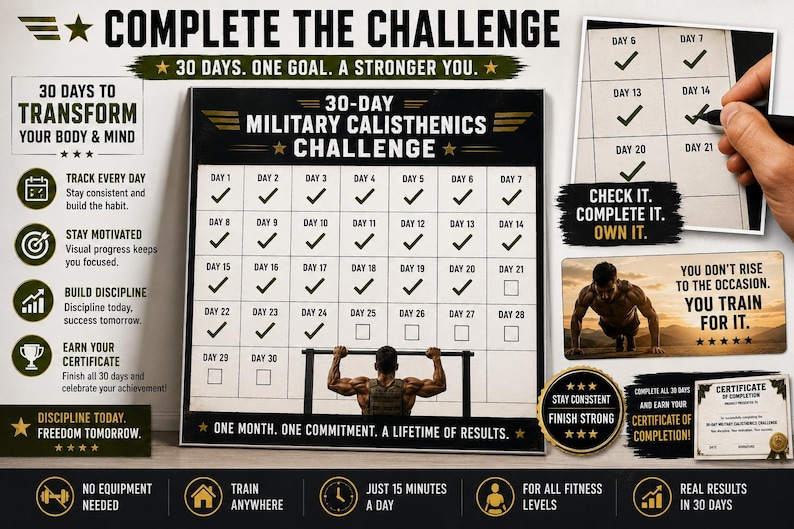 30-Day Military Calisthenics Challenge Printable | No-Equipment Bodyweight Plan — original Etsy mockup 8