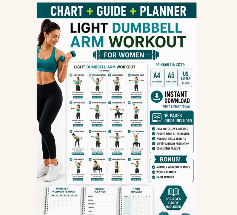 Light Dumbbell Arm Workout for Women Printable | Beginner Upper-Body Strength Chart — original Etsy mockup 2