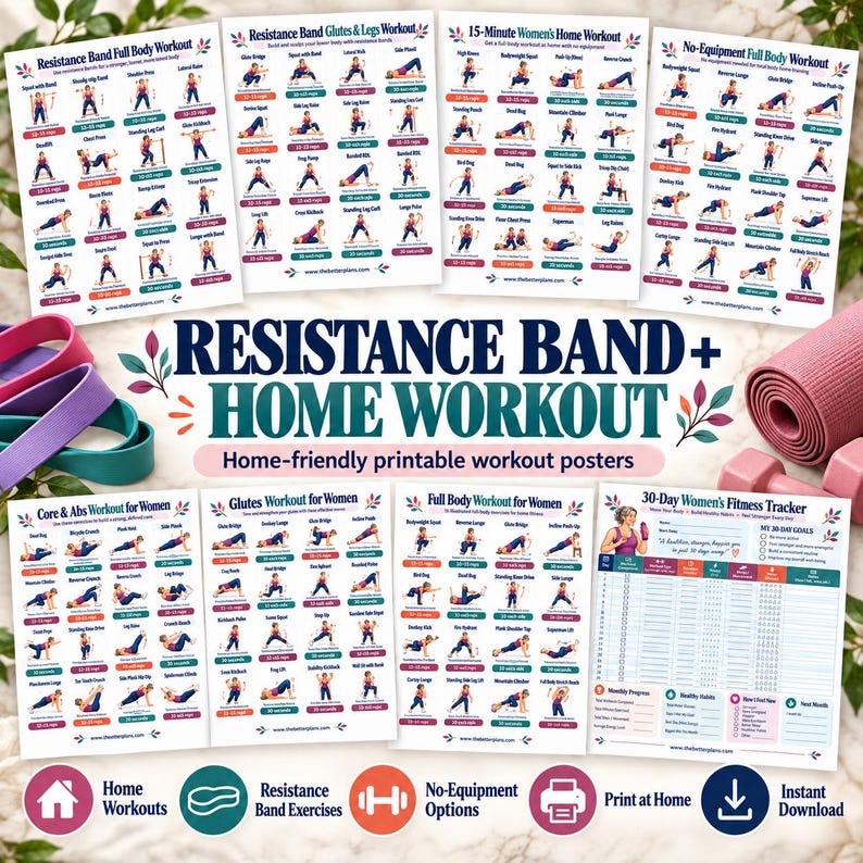 Home Workout Bundle for Women, 20 Exercise Posters + 8 Fitness Planners, Strength Dumbbell Pilates Mobility Printable PDF — original Etsy mockup 2