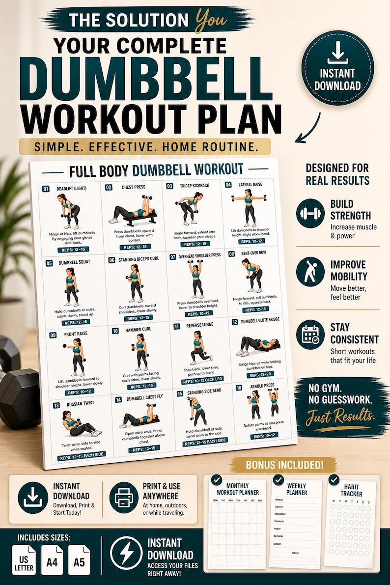 Printable Dumbbell Workout Bundle | Full Body, Arms, Legs, Glutes Exercise Charts (Digital Download) — original Etsy mockup 4