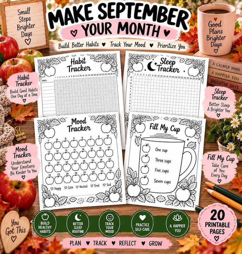 September Bullet Journal Printable, Fall Planner Bundle, Mood Habit Sleep Tracker, September Calendar, Self Care Journal PDF - BuJo — original Etsy mockup 3