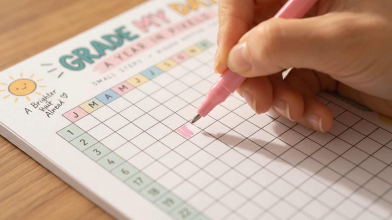 Daily Rating Tracker Printable, Grade Your Day Journal, Yearly Pixel Tracker, Habit & Mood Log, Self Care Planner, A4 A5 Letter PDF — original Etsy mockup 6