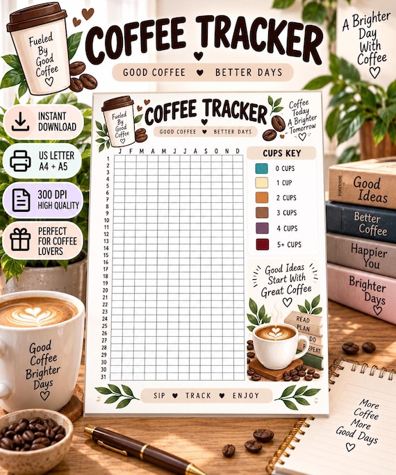 Coffee Habit Tracker Printable, Coffee Journal Insert, Daily Cup Tracker, Caffeine Log, Coffee Lover Gift, Lifestyle Habit Planner PDF
