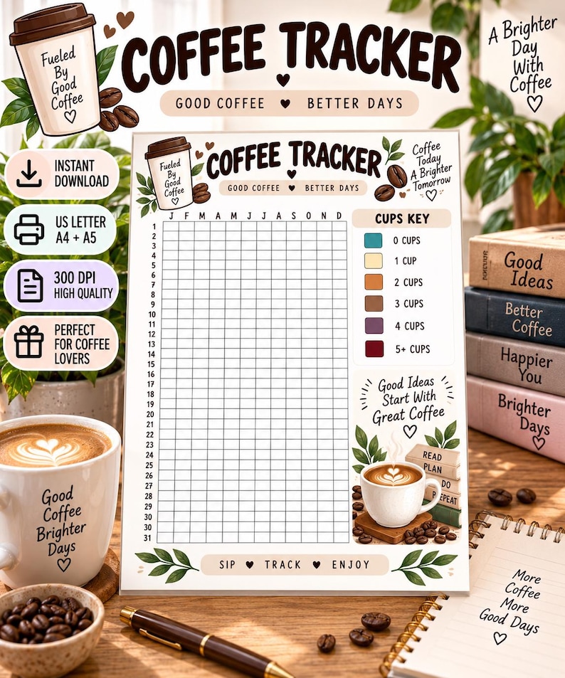Coffee Habit Tracker Printable, Coffee Journal Insert, Daily Cup Tracker, Caffeine Log, Coffee Lover Gift, Lifestyle Habit Planner PDF – mockup 1