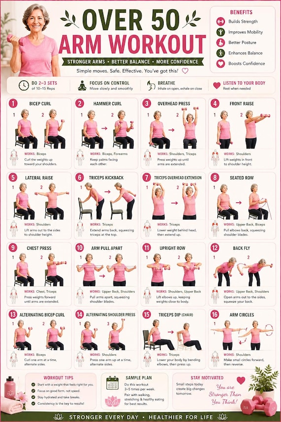 Over 50 Arm Workout Poster | 16 Dumbbell Exercises, Strength Guide (Digital Download)