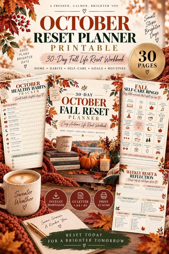 Autumn Reset Workbook Printable, 30 Page October Planner, Fall Home Organization Self Care Habit Tracker Goal Setting PDF