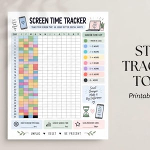 Peut inclure: Un tableau de suivi du temps d'écran imprimable avec une grille mensuelle, une légende codée par couleur pour l'utilisation quotidienne et des sections d'objectifs. Le document inclut le texte SCREEN TIME TRACKER et UNPLUG RESET BE PRESENT.