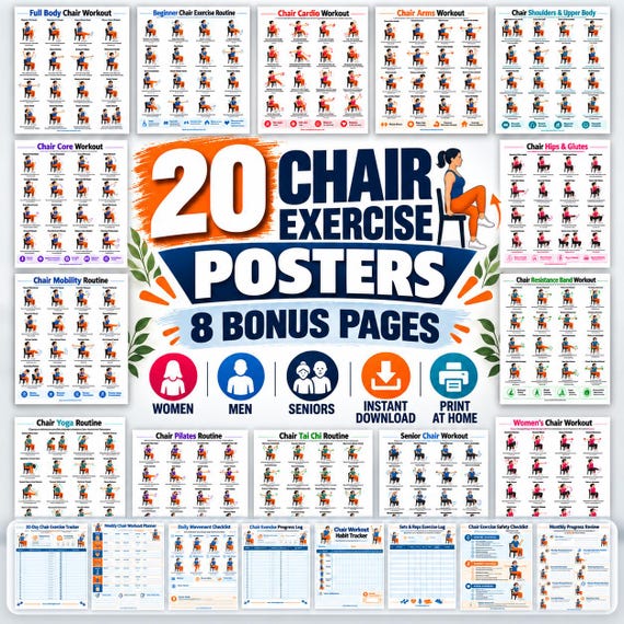 Chair Exercise Bundle for Seniors, 20 Seated Workout Posters + 8 Printable Trackers