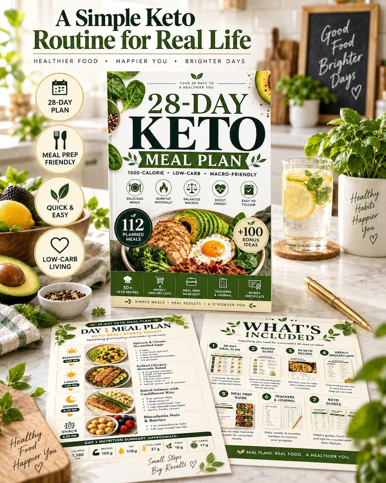 28-Day Keto Meal Plan Printable, 1500-Calorie Low-Carb PDF with Recipes & Grocery Lists — original Etsy mockup 2
