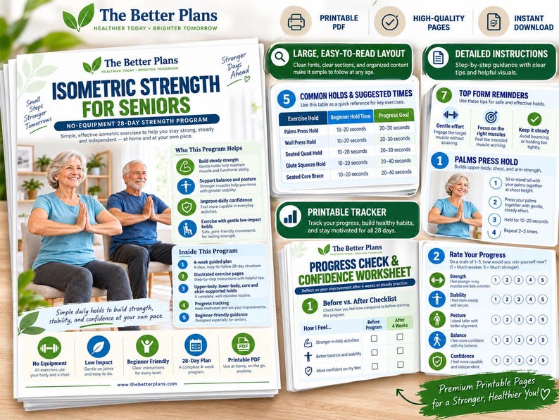 Senior Strength Workout Printable PDF, Isometric Exercises for Seniors, 4 Week Low Impact Home Program with Tracker — original Etsy mockup 6