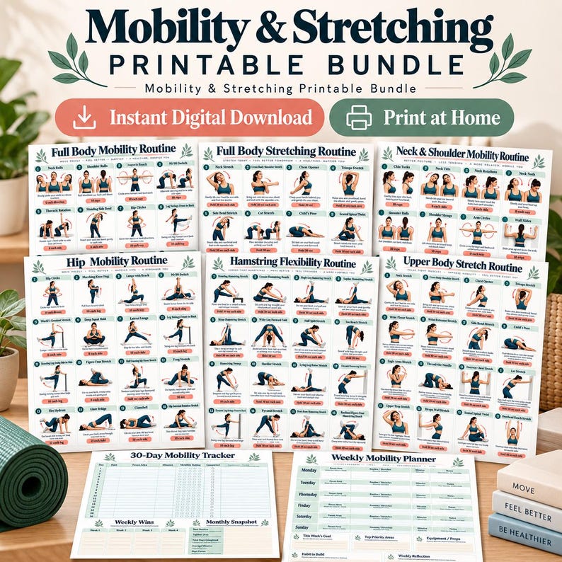 Mobility & Stretching Bundle Printable, 20 Exercise Posters + 8 Trackers, Full Body Flexibility Warm Up Cool Down PDF — original Etsy mockup 9