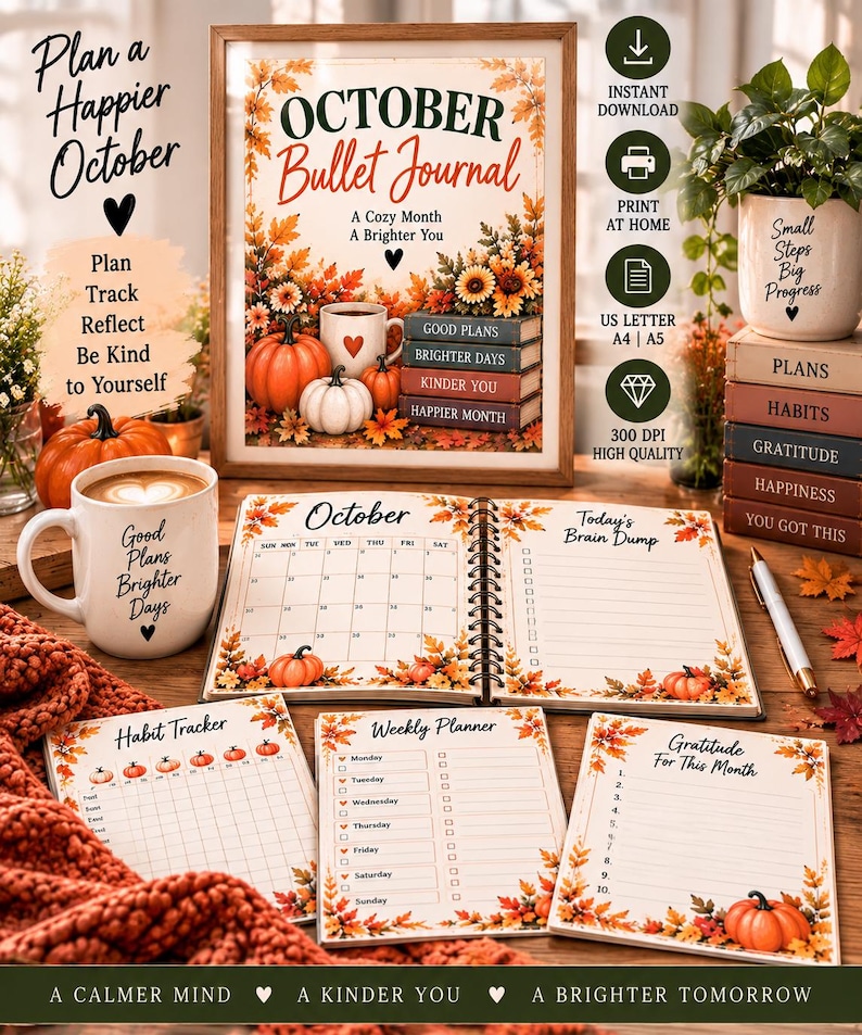October Planner Printable, Fall Pumpkin Bullet Journal, 20 Page Habit Tracker, Mood Tracker, Self Care Journal PDF — original Etsy mockup 8