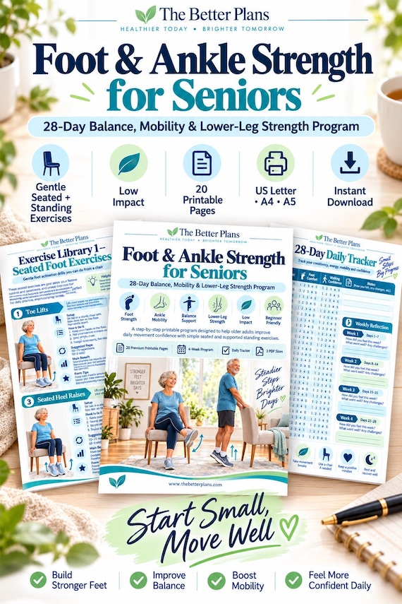 28 Day Foot & Ankle Workout for Seniors, Printable Balance Mobility Exercise Plan, Low Impact Senior Fitness PDF with Tracker