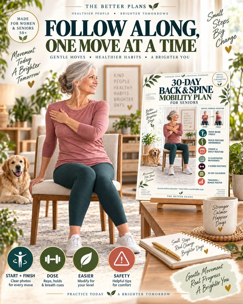 30-Day Back Mobility Plan for Seniors, Gentle Spine Exercise Printable, Seated Routines, Calendar and Tracker — original Etsy mockup 6