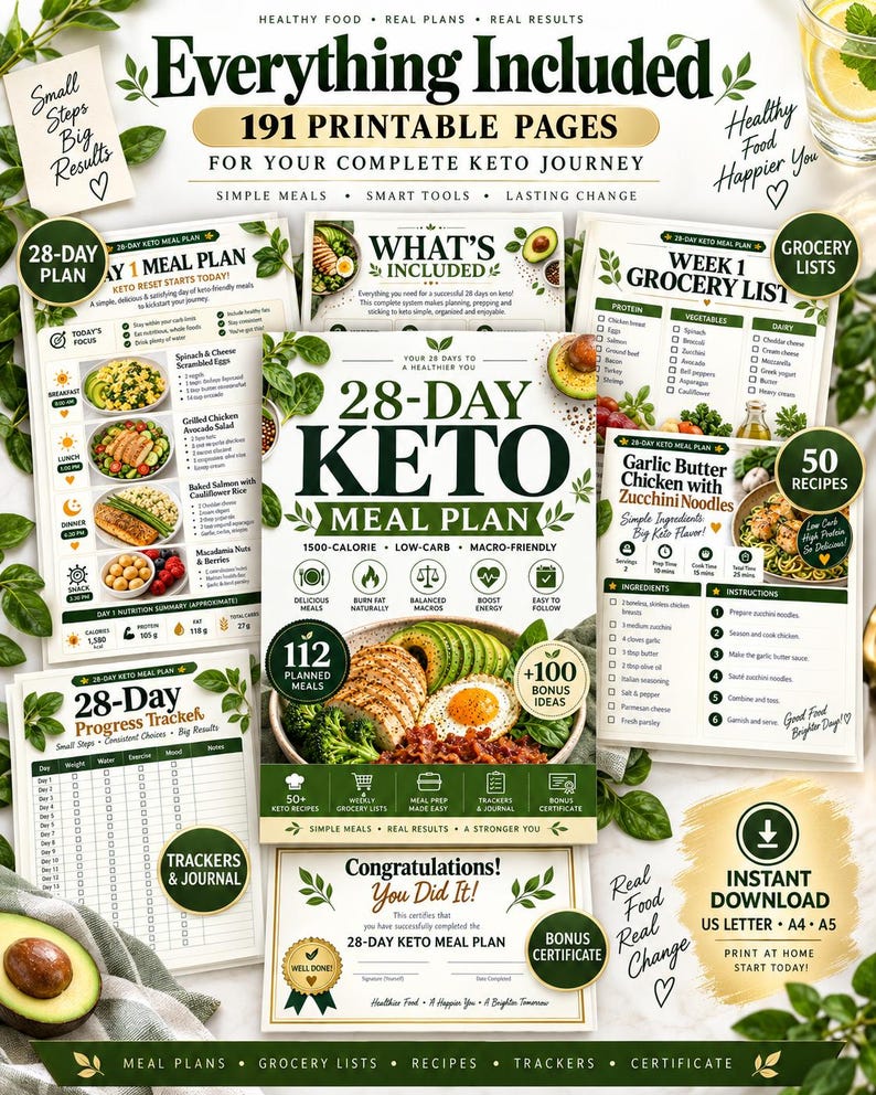 4-Week Keto Meal Plan PDF, 112 Planned Meals with Grocery Lists, Recipes & Journal