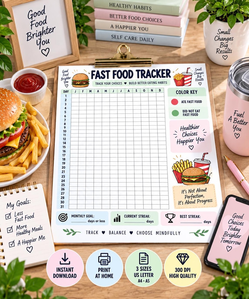 Fast Food Tracker Printable, Healthy Eating Habit Tracker, Food Journal, Monthly Meal Tracker, Wellness Planner, Digital Download PDF — original Etsy mockup 2