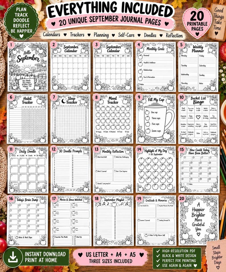 September Bullet Journal Printable, Fall Planner Bundle, Mood Habit Sleep Tracker, September Calendar, Self Care Journal PDF - BuJo — original Etsy mockup 2
