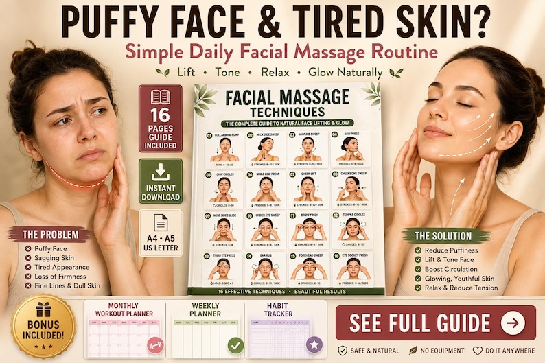 Facial Massage Techniques Printable | Lymphatic Drainage & Face Yoga Guide — original Etsy mockup 7