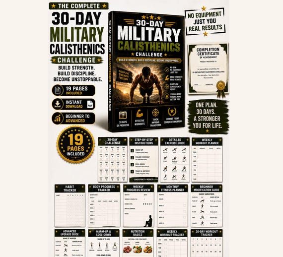 30 Day Military Calisthenics Challenge Poster | Bodyweight Workout Plan | No Equipment Home Fitness Printable