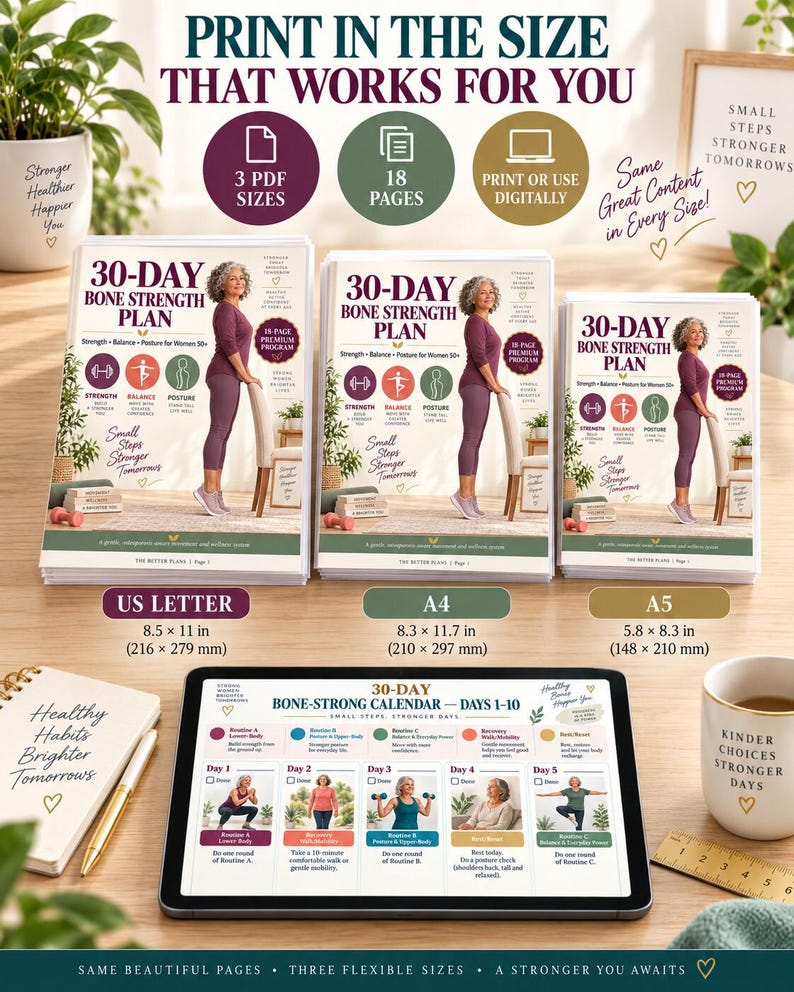30-Day Bone Health Planner Printable, Strength and Balance Exercise Calendar, Women 50+ Home Workout Tracker, 3-Size PDF Bundle — original Etsy mockup 6